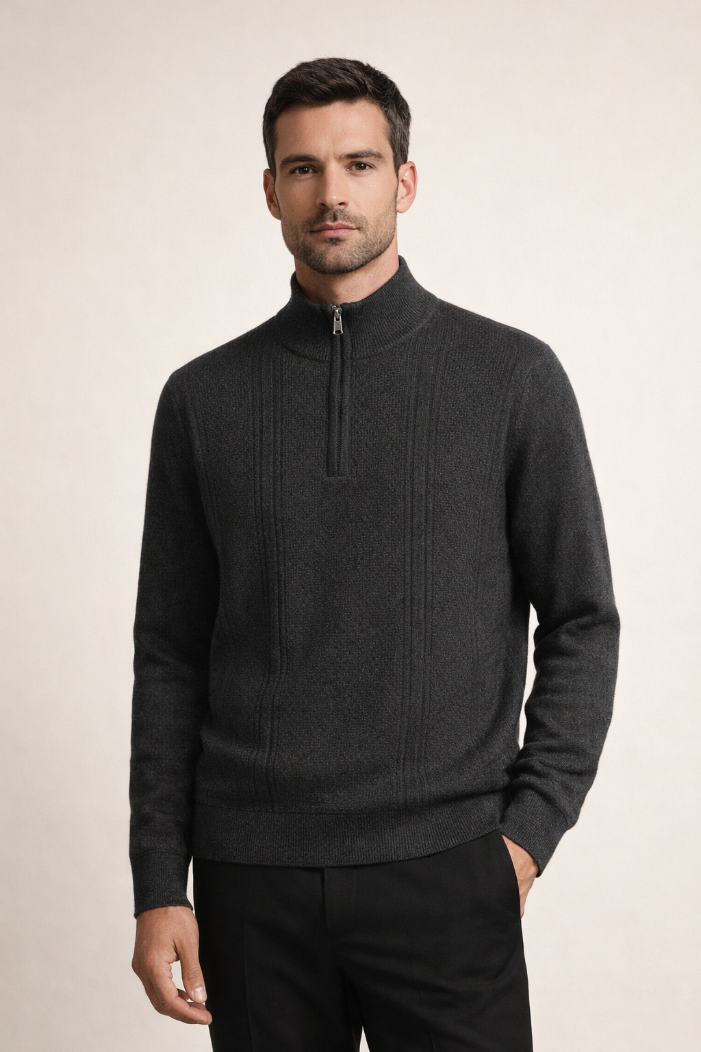Gerippter Quarter-Zip Dunkelgrau