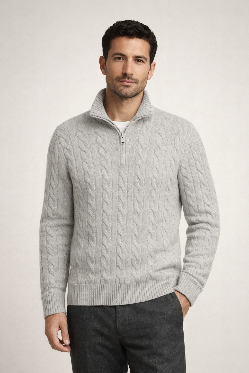 Classic Cable Quarter Zip Grey