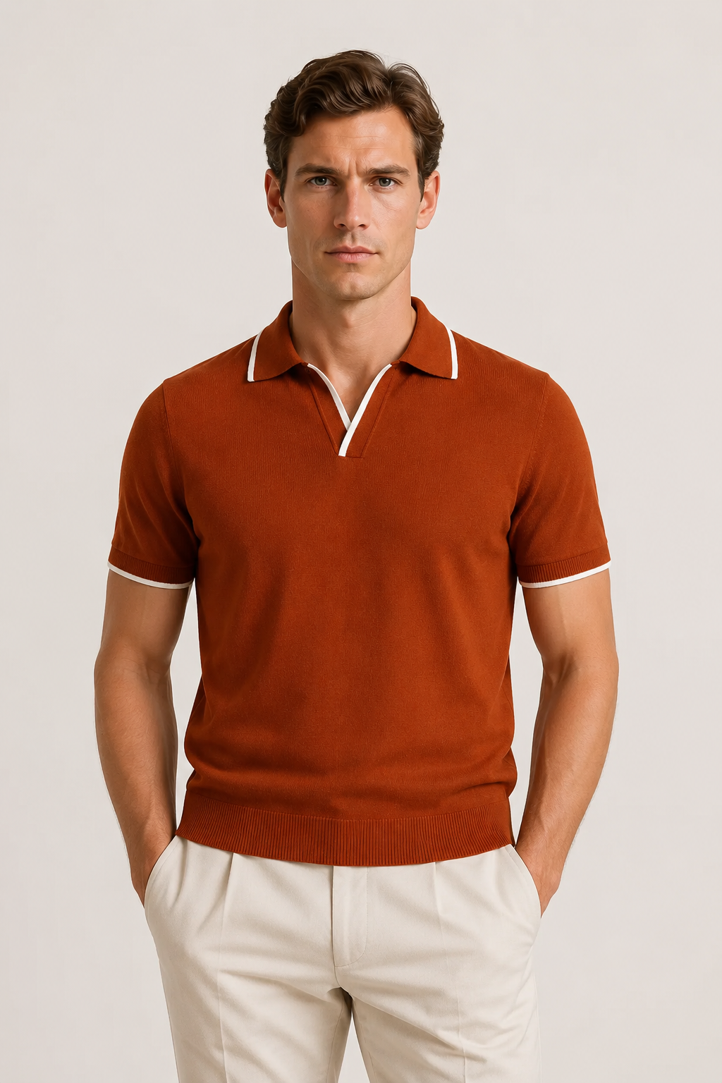Gestreiftes Poloshirt ohne Knöpfe Terrakotta