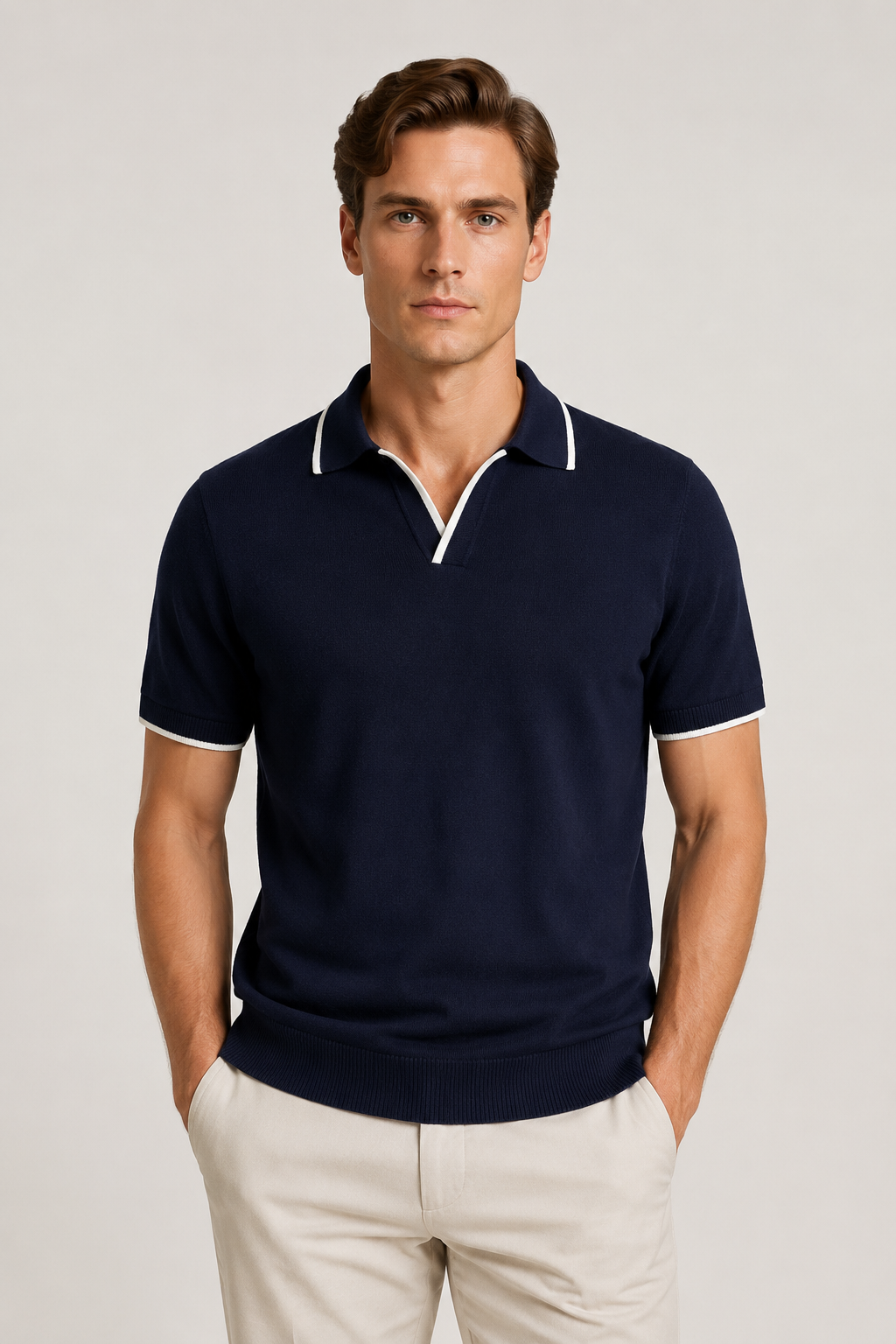 Gestreiftes Poloshirt ohne Knöpfe Navy