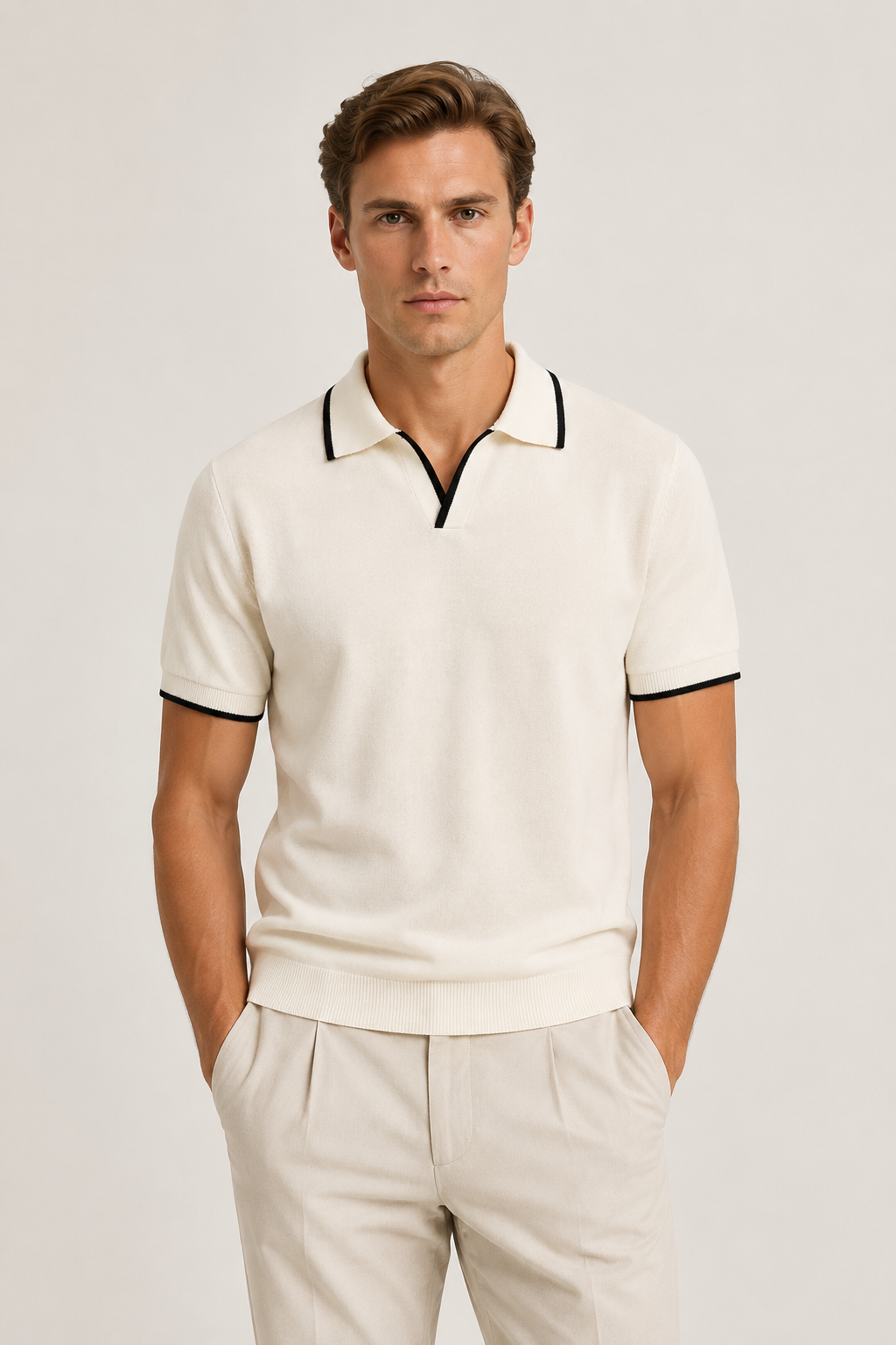 Gestreiftes Poloshirt ohne Knöpfe Elfenbein
