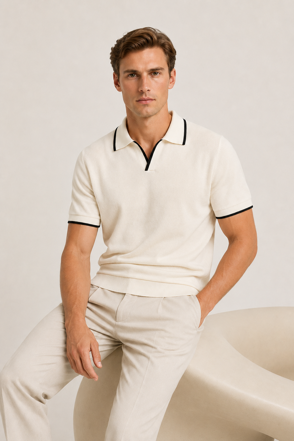 Gestreiftes Poloshirt ohne Knöpfe Elfenbein