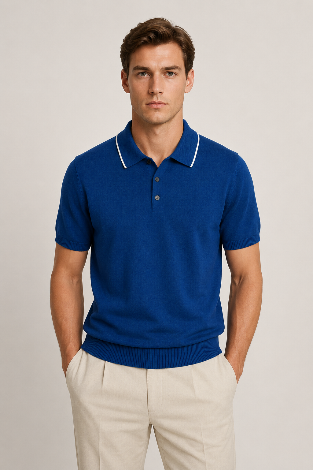 Feines gestreiftes Strickpolo Dunkelblau