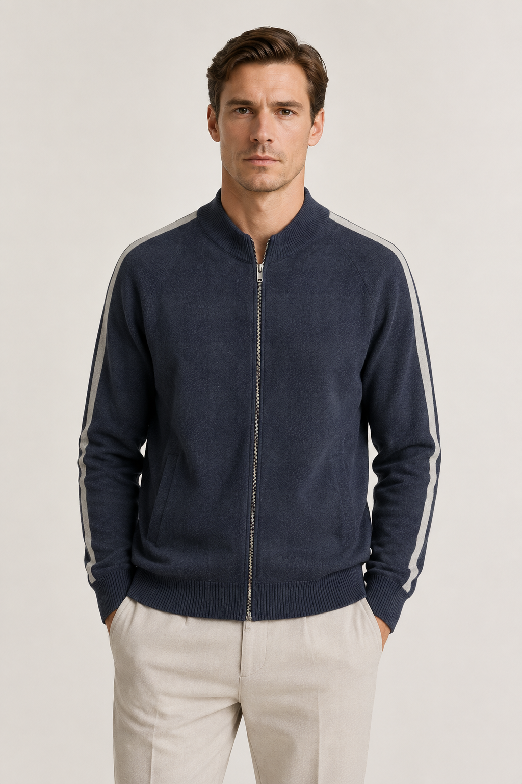 Rippstrick-Kragen-Reißverschluss-Strickpullover Marine