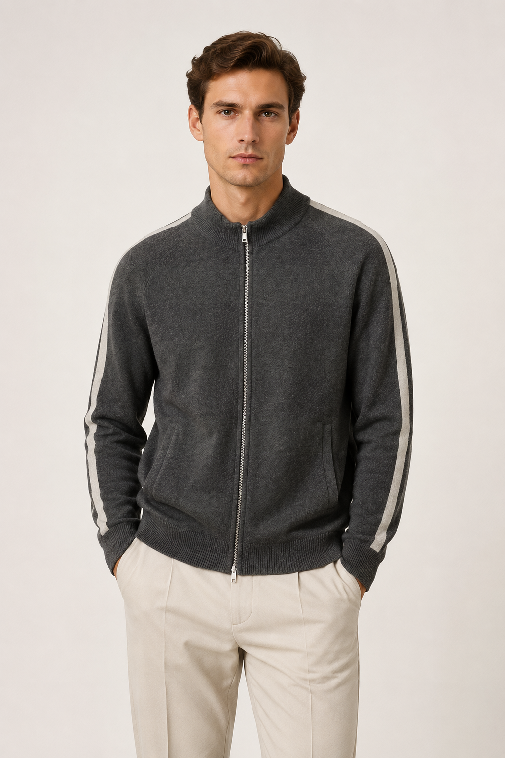 Rippstrickjacke mit Reißverschluss, Dunkelgrau