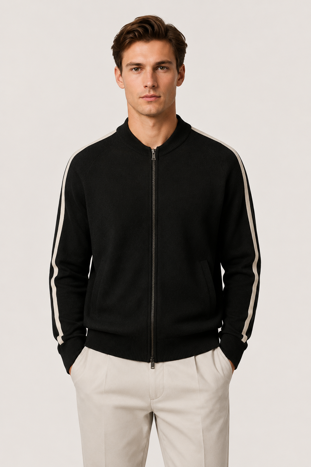 Rippkragen-Strickjacke mit Reißverschluss, Schwarz