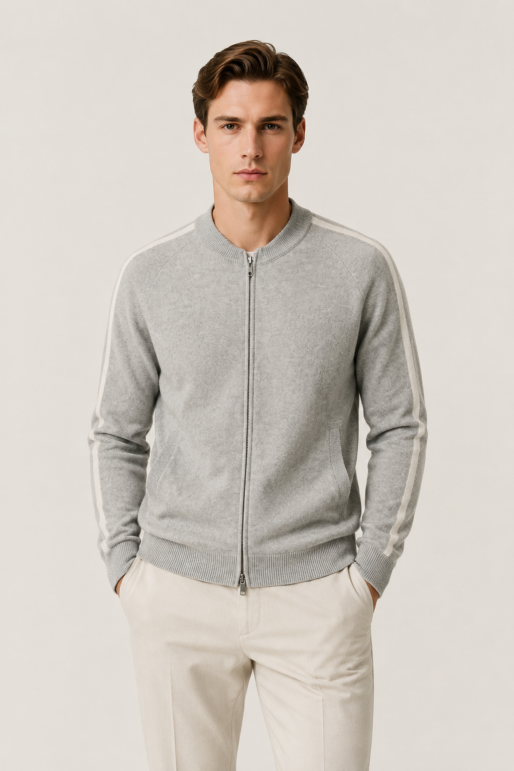 Rippkragen-Strickjacke mit Reißverschluss, Hellgrau