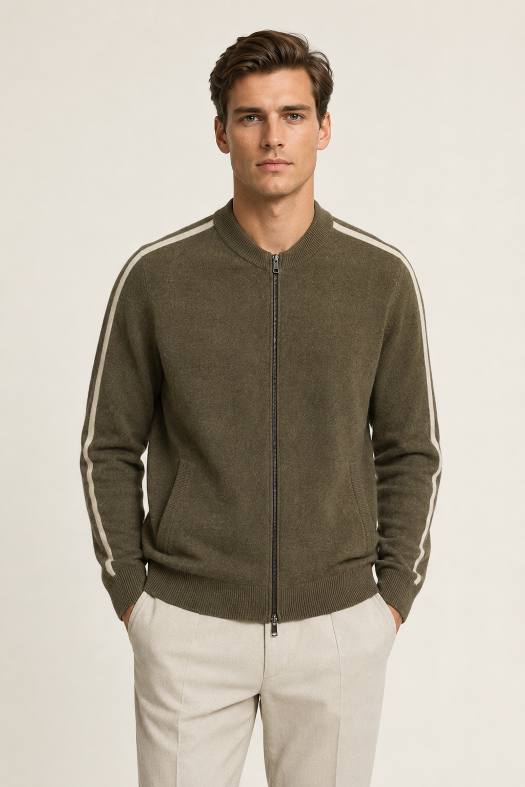 Rippkragen-Strickjacke mit Reißverschluss, Oliv