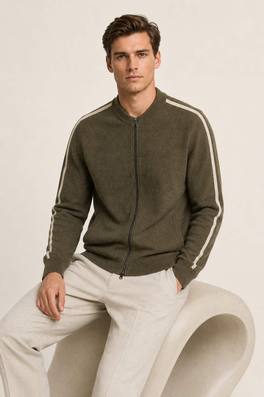 Rippkragen-Strickjacke mit Reißverschluss, Oliv