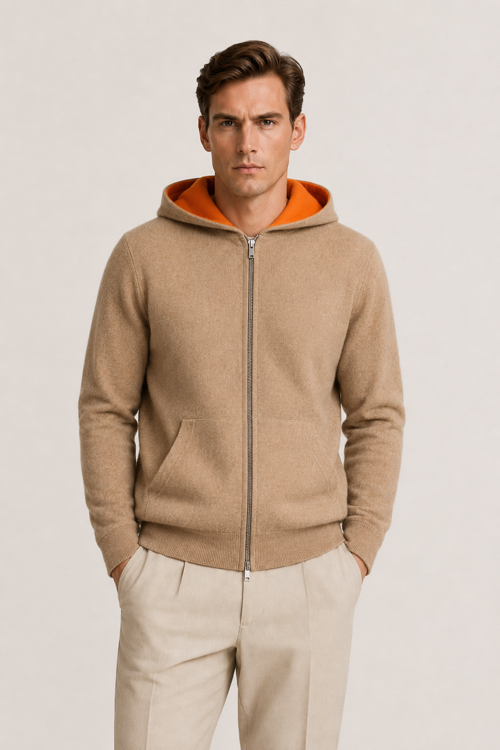 Wendbarer Kapuzenstrickjacke mit Reißverschluss Beige & Orange