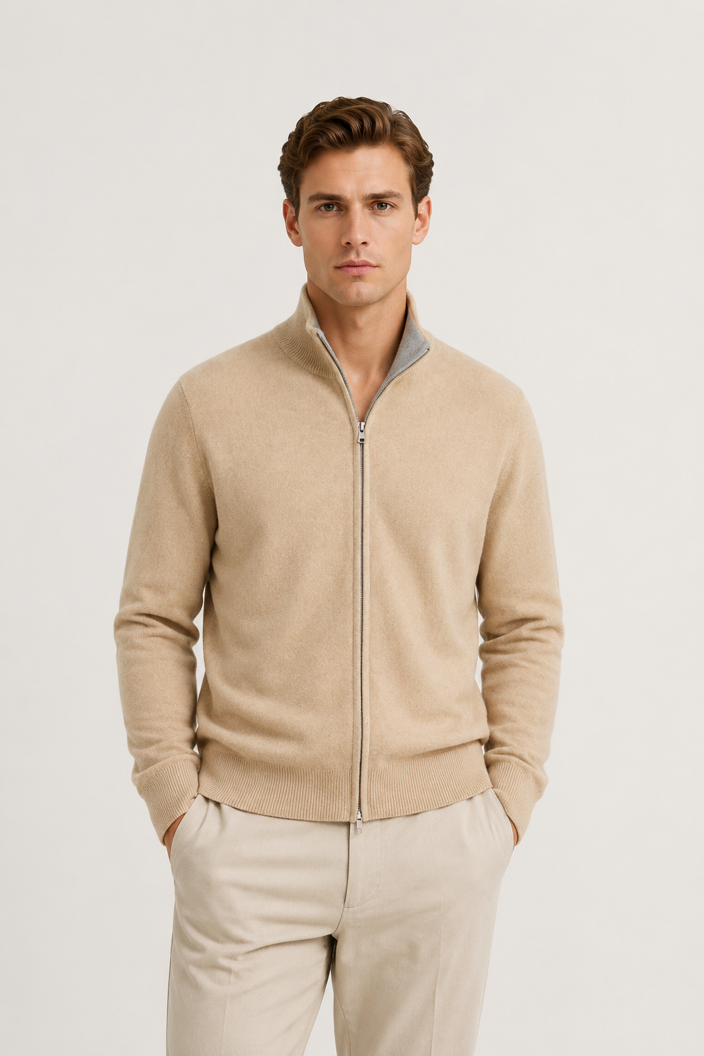 Wende-Strickjacke mit Reißverschluss, Beige & Grau