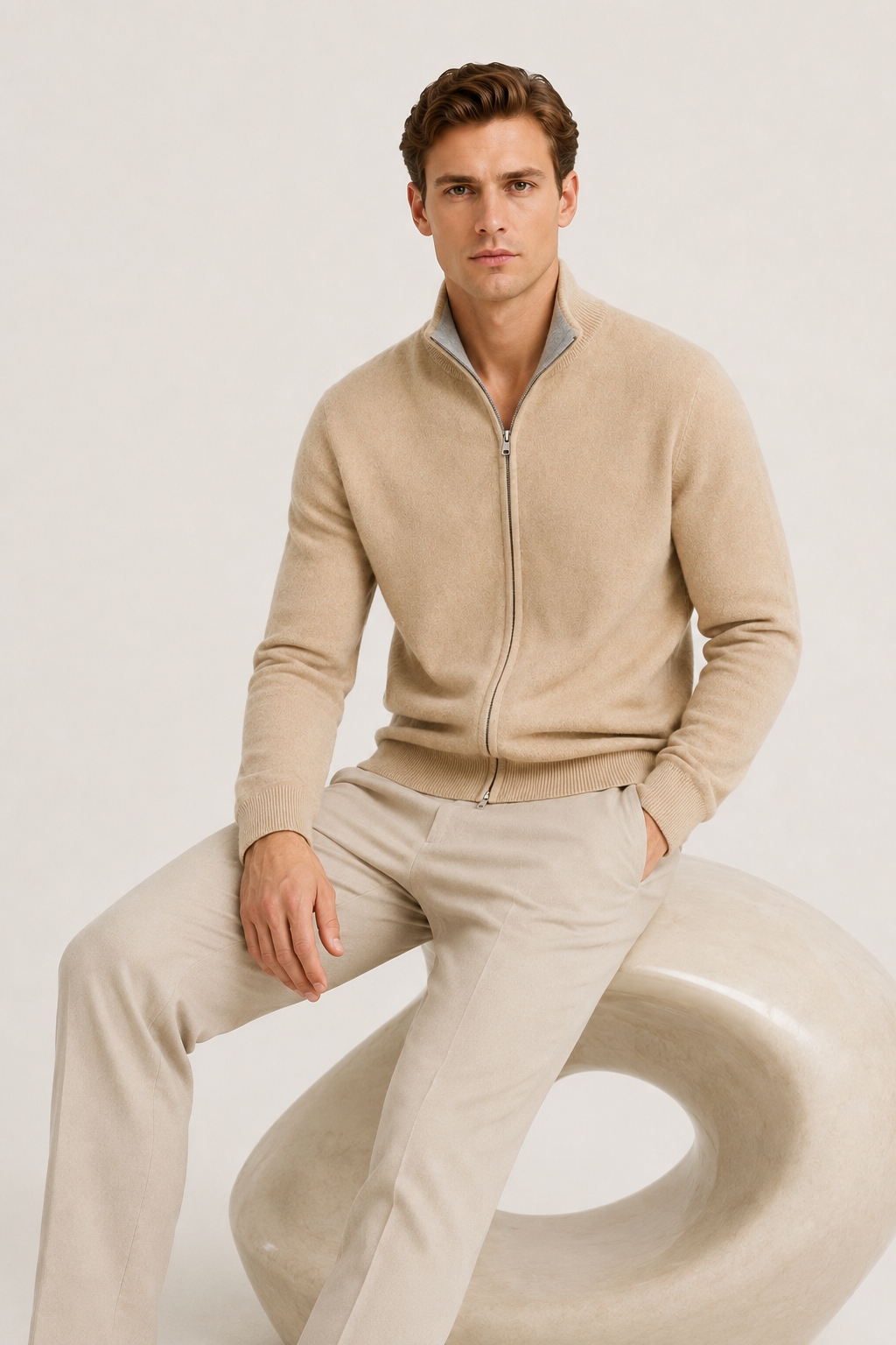 Wende-Strickjacke mit Reißverschluss, Beige & Grau