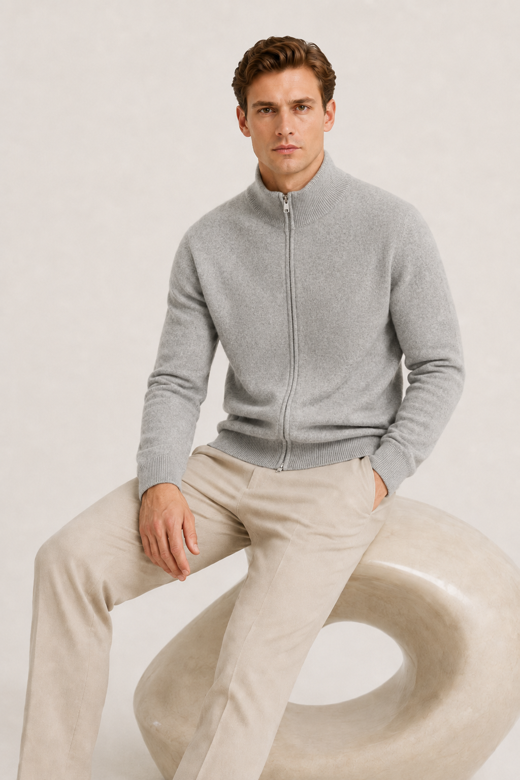 Wende-Strickjacke mit Reißverschluss, Beige & Grau