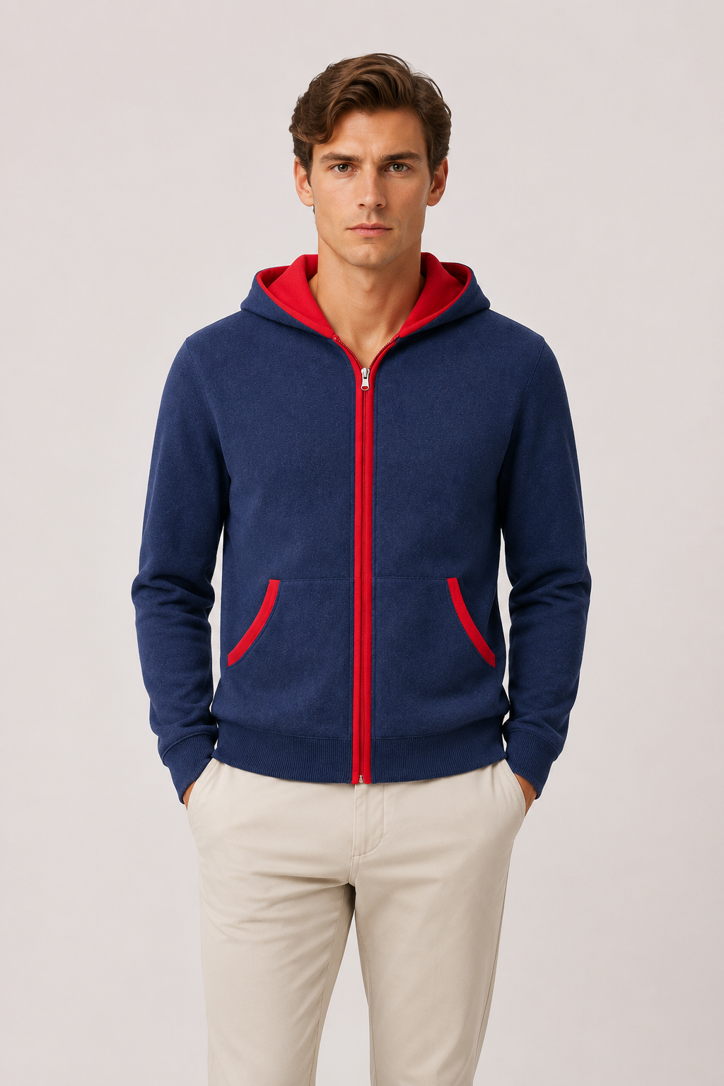 Kapuzenstrickjacke Marine / Rot