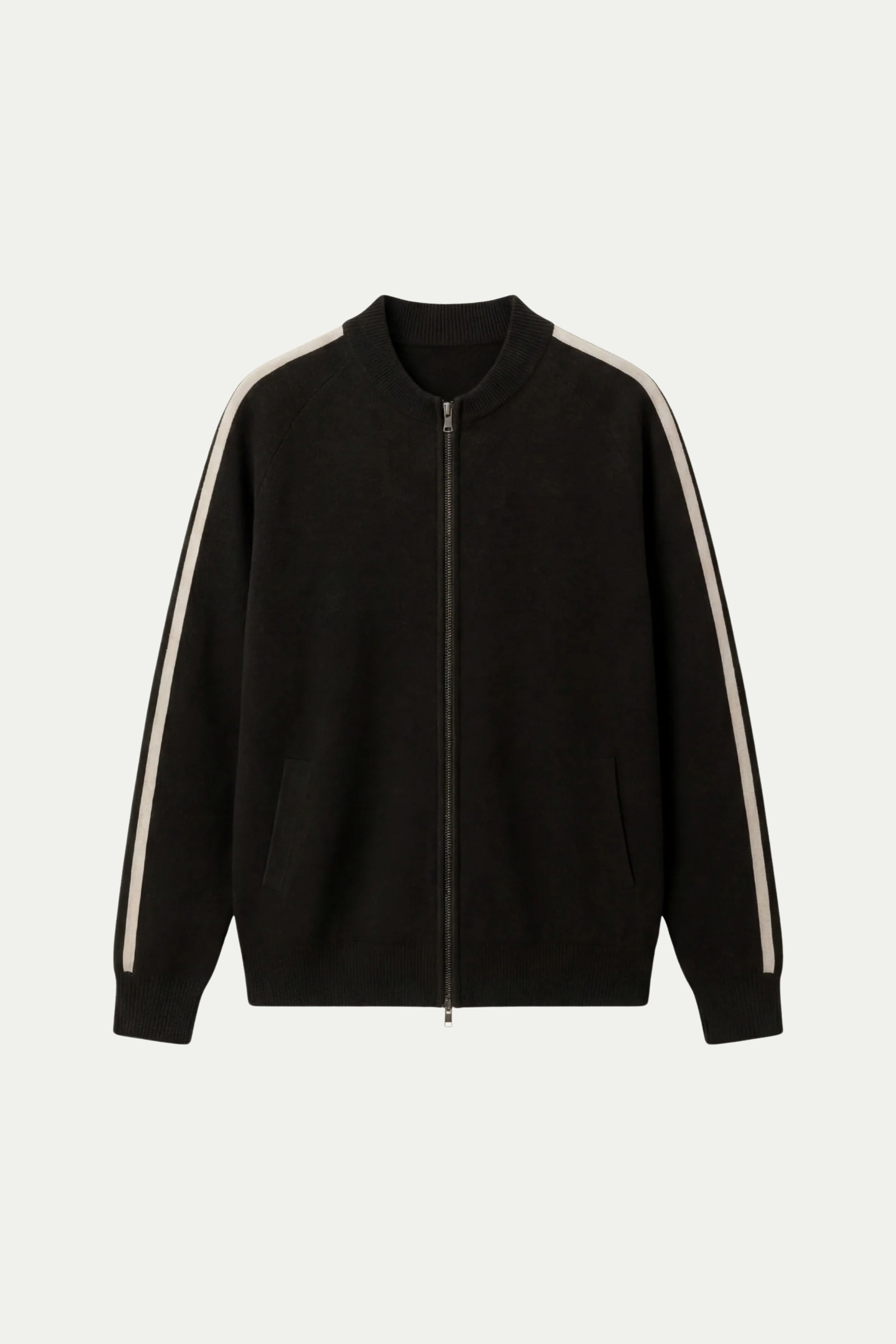 Rippkragen-Strickjacke mit Reißverschluss, Schwarz