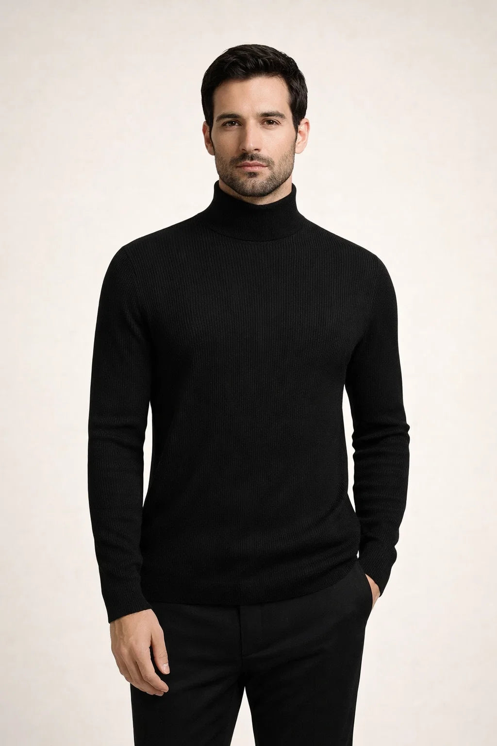 Rippstrick-Rollkragenpullover Schwarz
