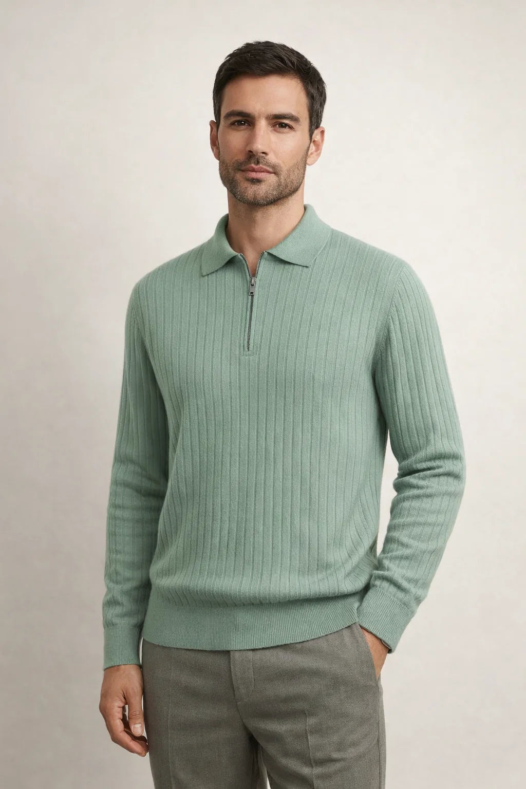 Gerippter Half-Zip Hellgrün