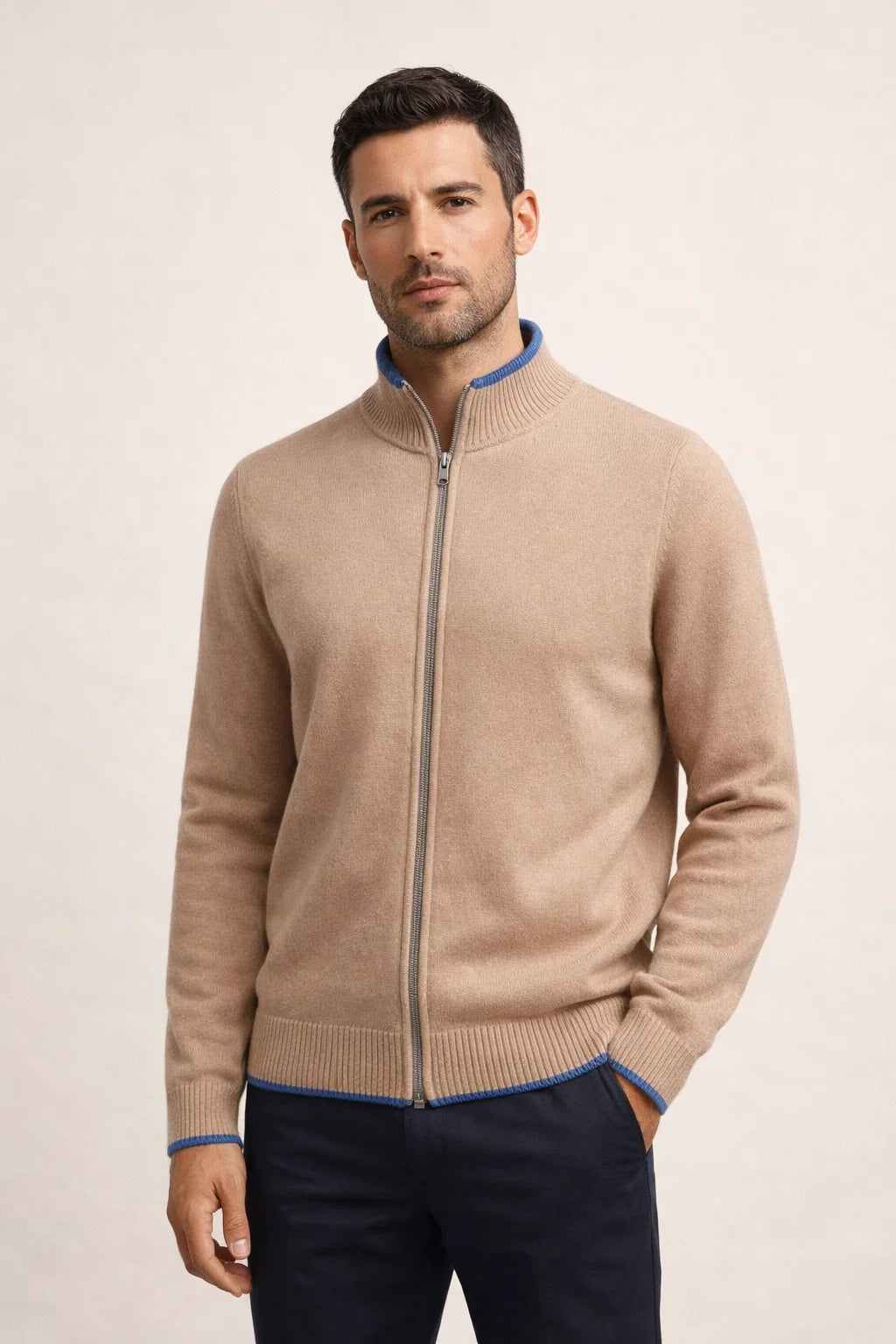 Refined Full Zip Knit Beige / Light Blue