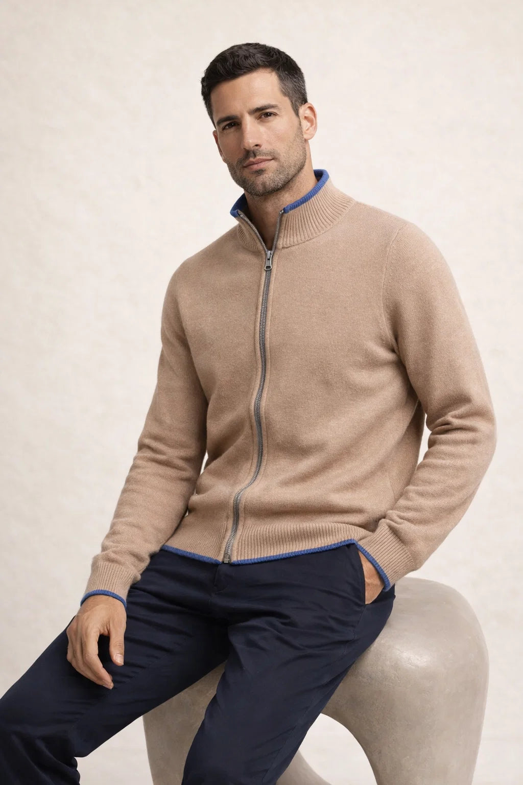 Refined Full Zip Knit Beige / Light Blue