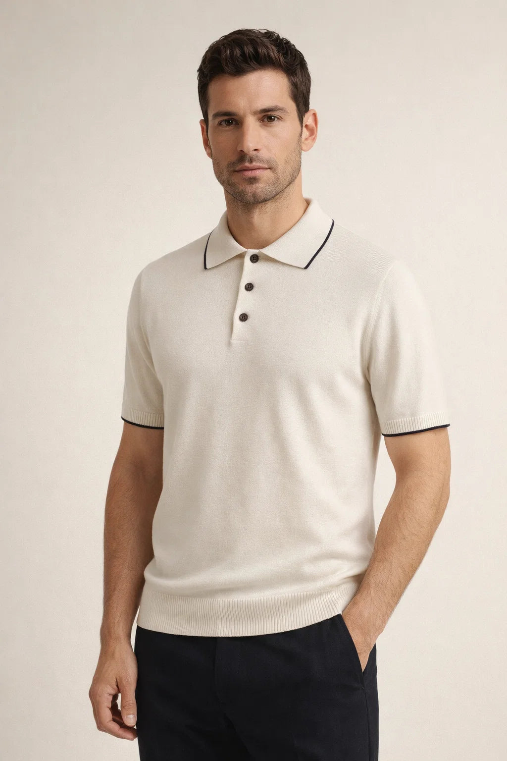 Fine Striped Knit Polo White