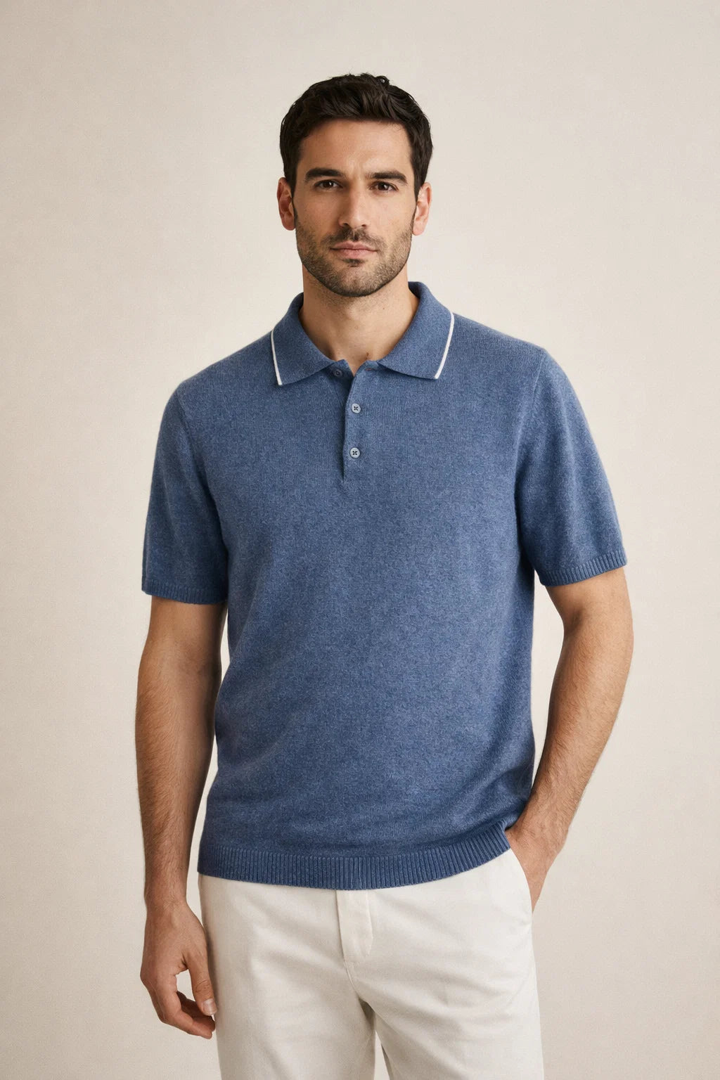Fine Striped Knit Polo Blue