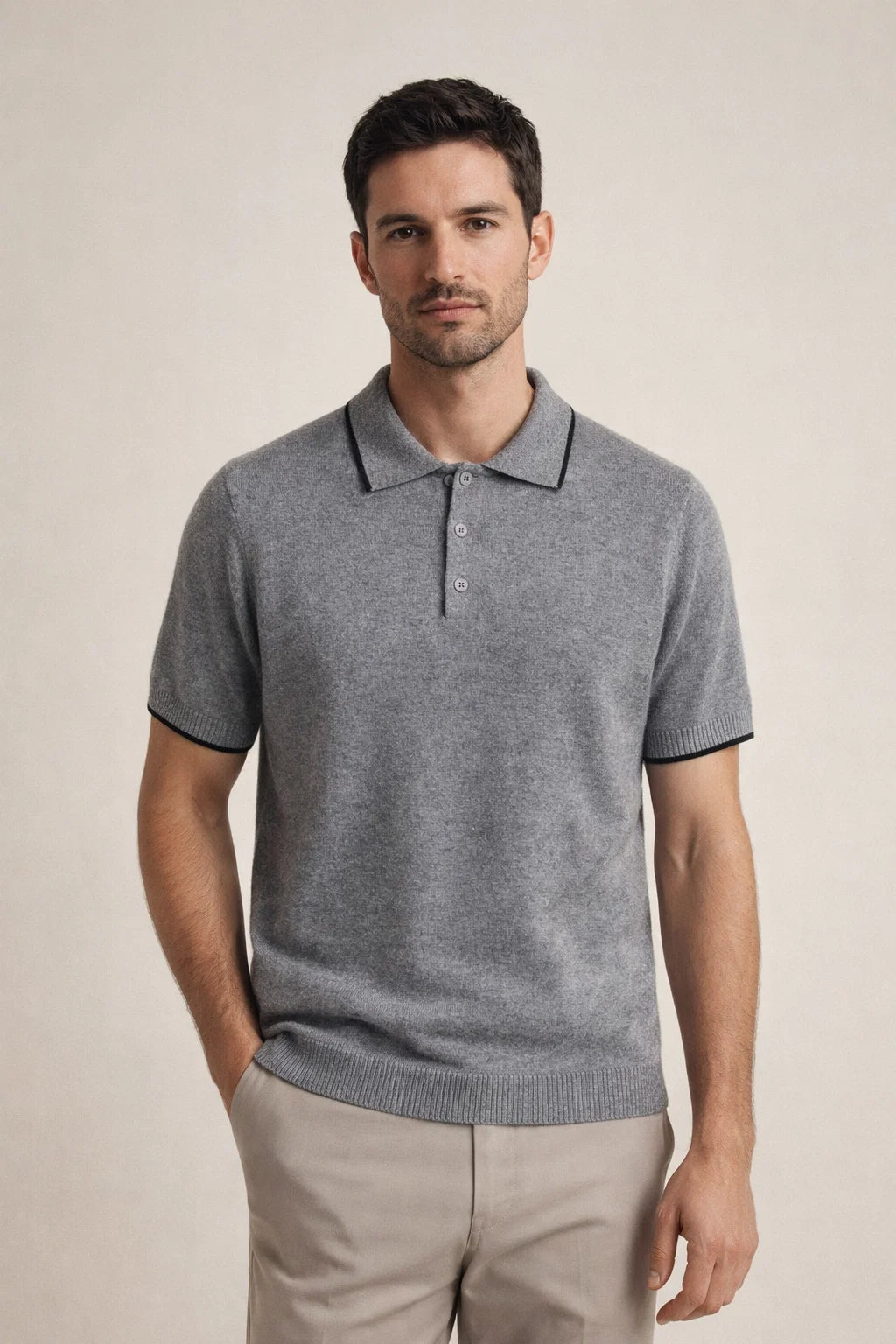 Fine Striped Knit Polo Light Grey