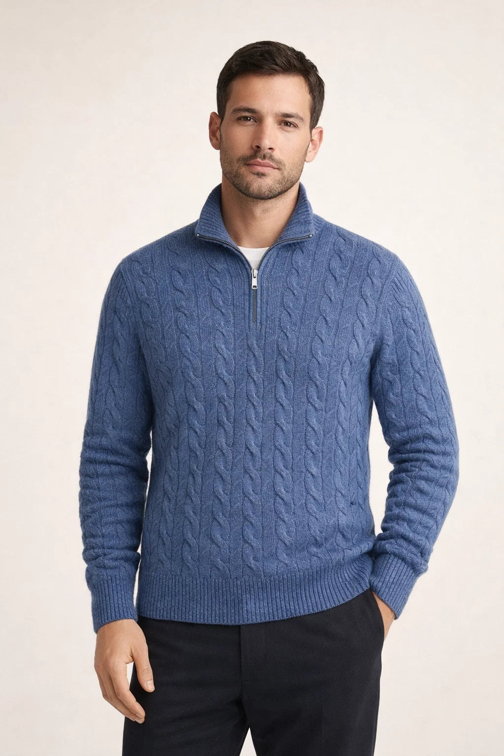 Classic Cable Quarter Zip Demin Blue