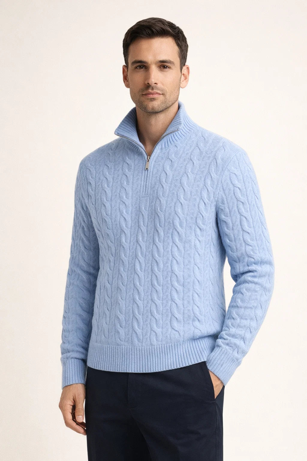 Classic Cable Quarter Zip Light Blue