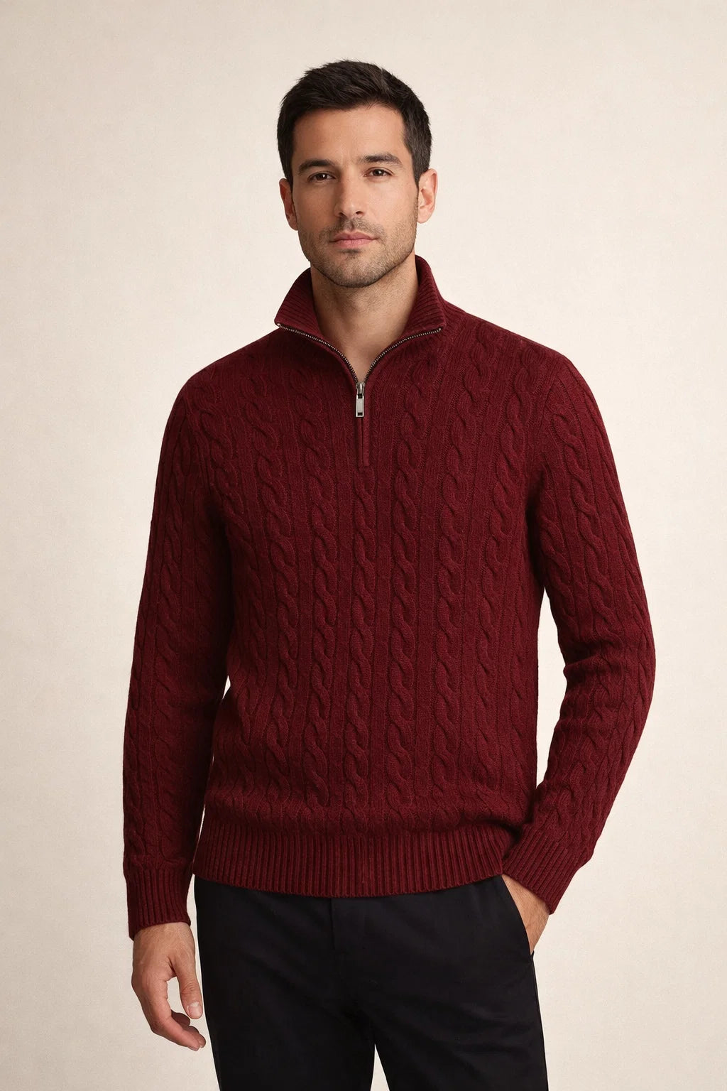 Classic Cable Quarter Zip Red Wine