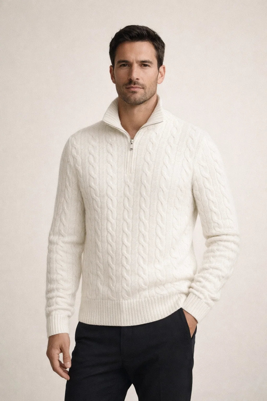 Classic Cable Quarter Zip White