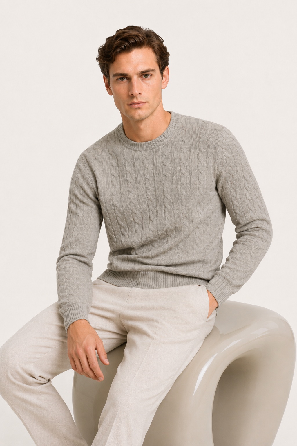 Handgestrickter Zopfmusterpullover Grau
