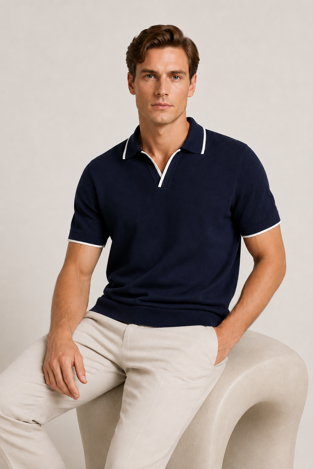 Gestreiftes Poloshirt ohne Knöpfe Navy