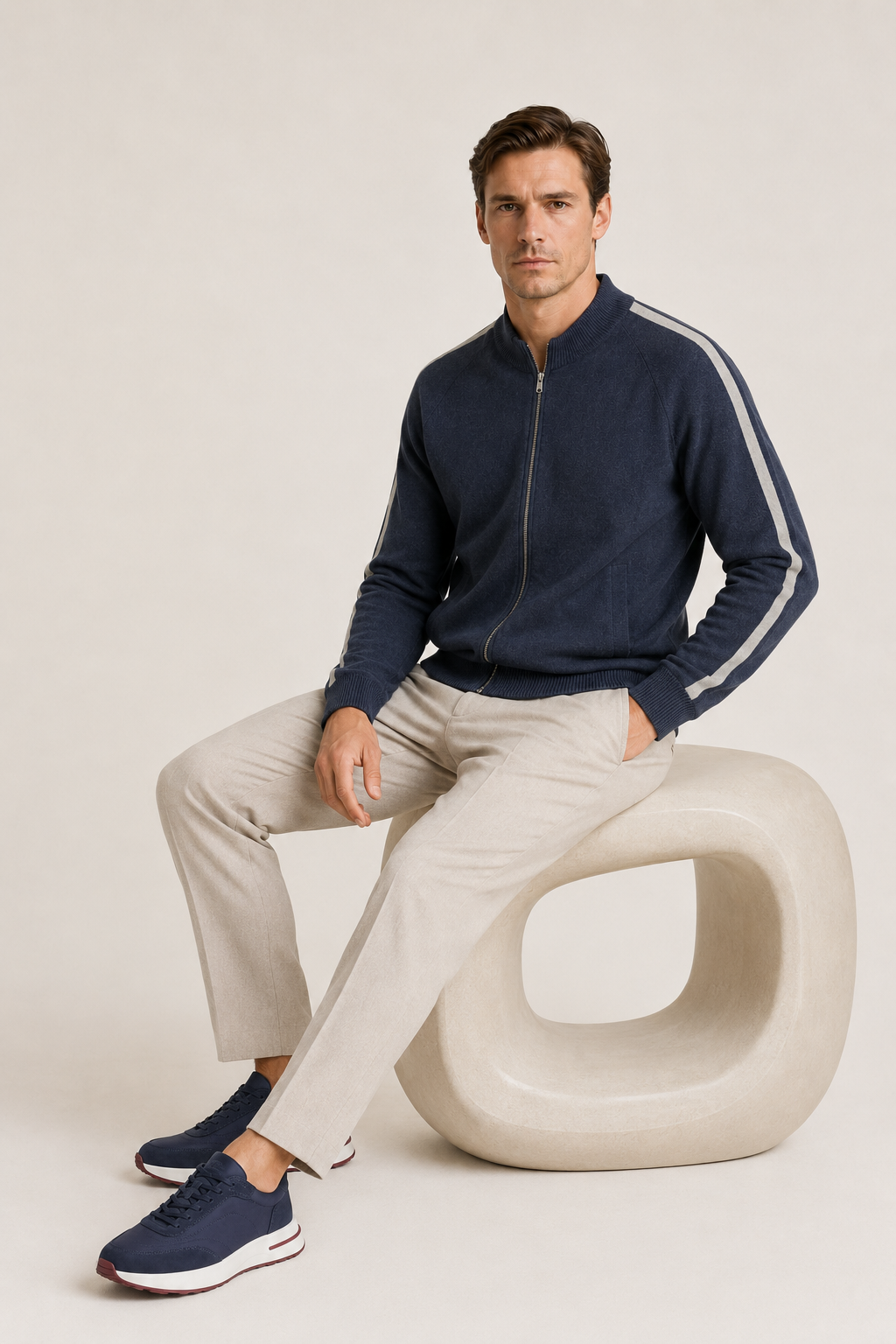 Rippstrick-Kragen-Reißverschluss-Strickpullover Marine