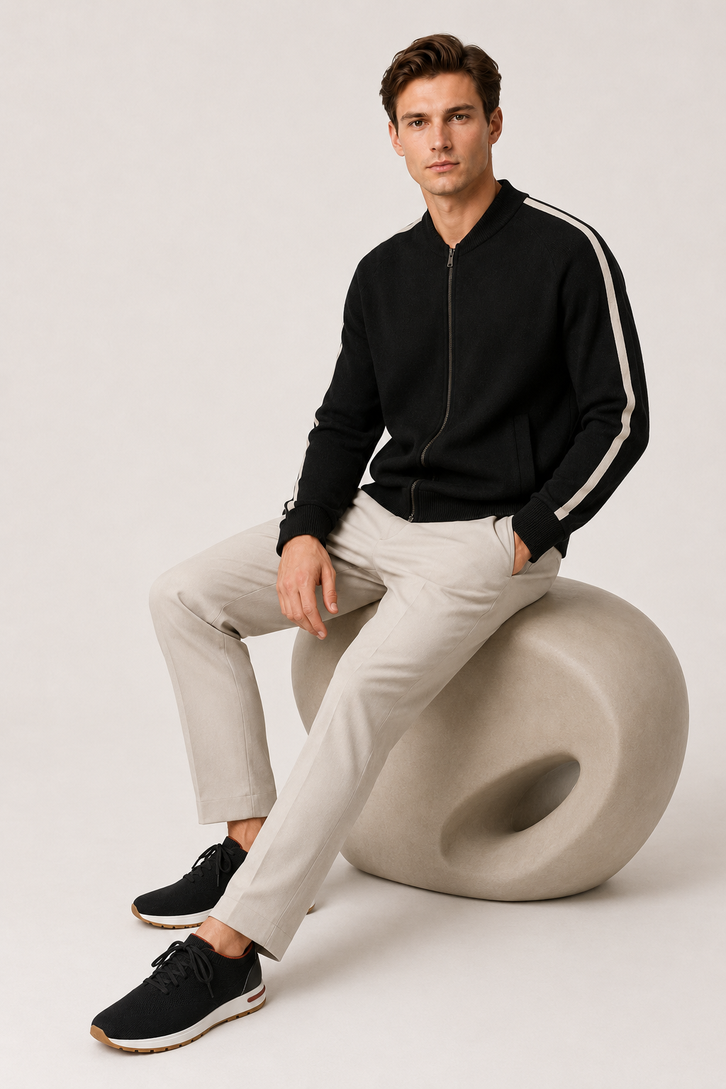Rippkragen-Strickjacke mit Reißverschluss, Schwarz