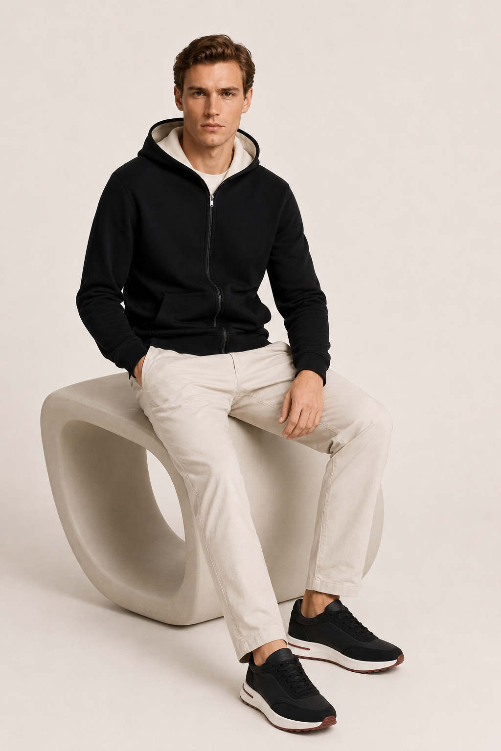 Wende-Strickjacke mit Kapuze Elfenbein & Schwarz