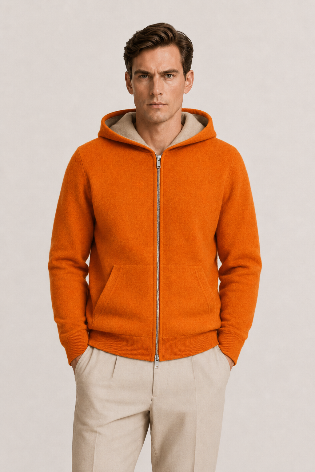 Wendbarer Kapuzenstrickjacke mit Reißverschluss Beige & Orange