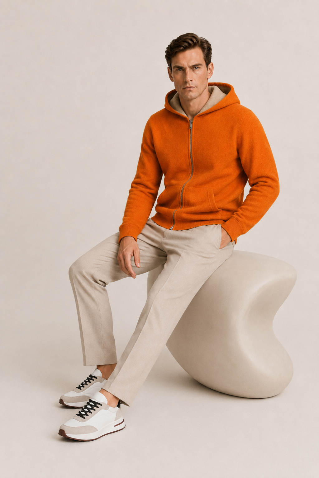 Wendbarer Kapuzenstrickjacke mit Reißverschluss Beige & Orange