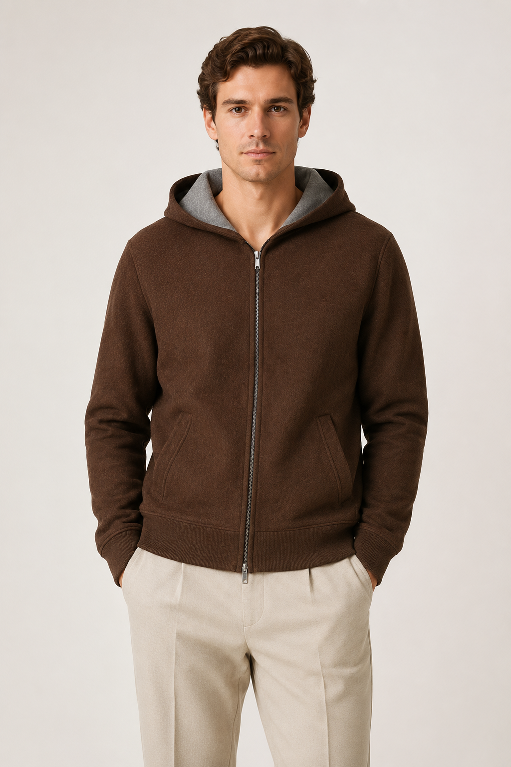 Wende-Strickjacke mit Kapuze Braun & Grau