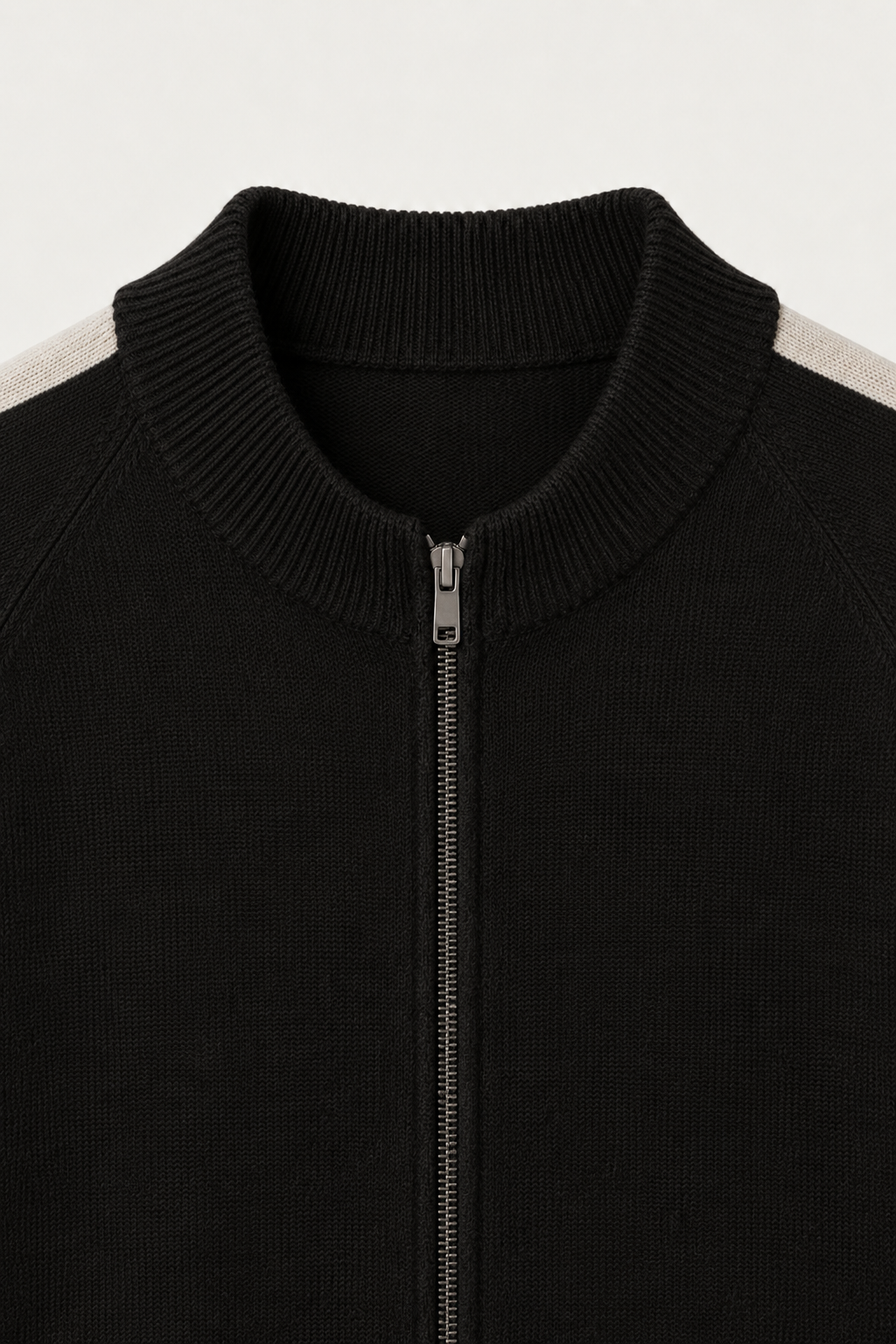 Rippkragen-Strickjacke mit Reißverschluss, Schwarz