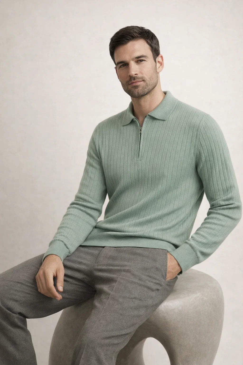 Gerippter Half-Zip Hellgrün