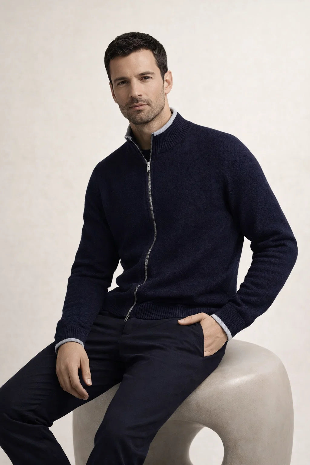 Edler Strickpullover mit durchgehendem Reißverschluss Marine / Hellgrau
