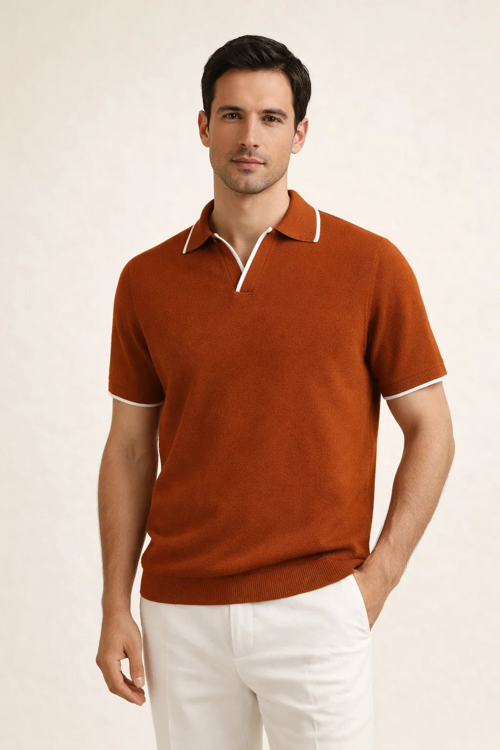 Buttonless Striped Polo Terracotta
